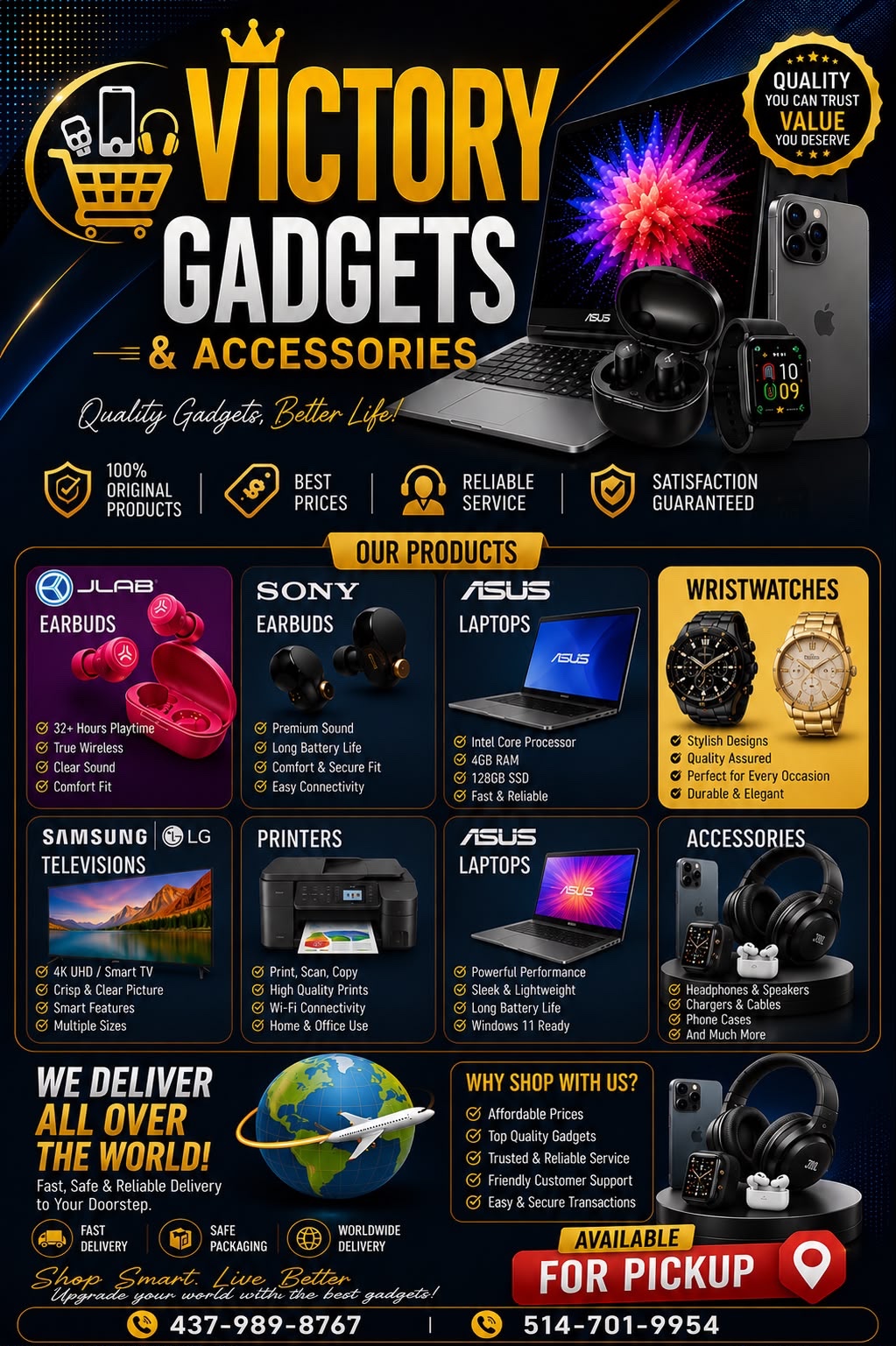 Victory Gadgets flyer featuring earbuds, laptops, watches, televisions, printers and accessories